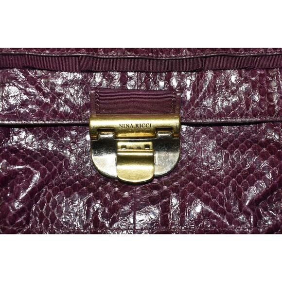 Auth NINA RICCI Drk Raspberry Python Texture Leather Fold Over Liane Satchel Bag - Picture 7 of 12